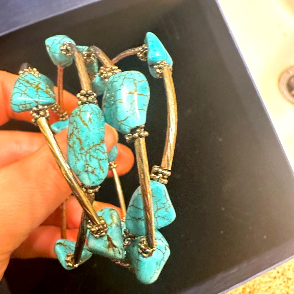 New Large Blue Turquoise Gemstones @Long Wide Adjustable 925 silver bracelet